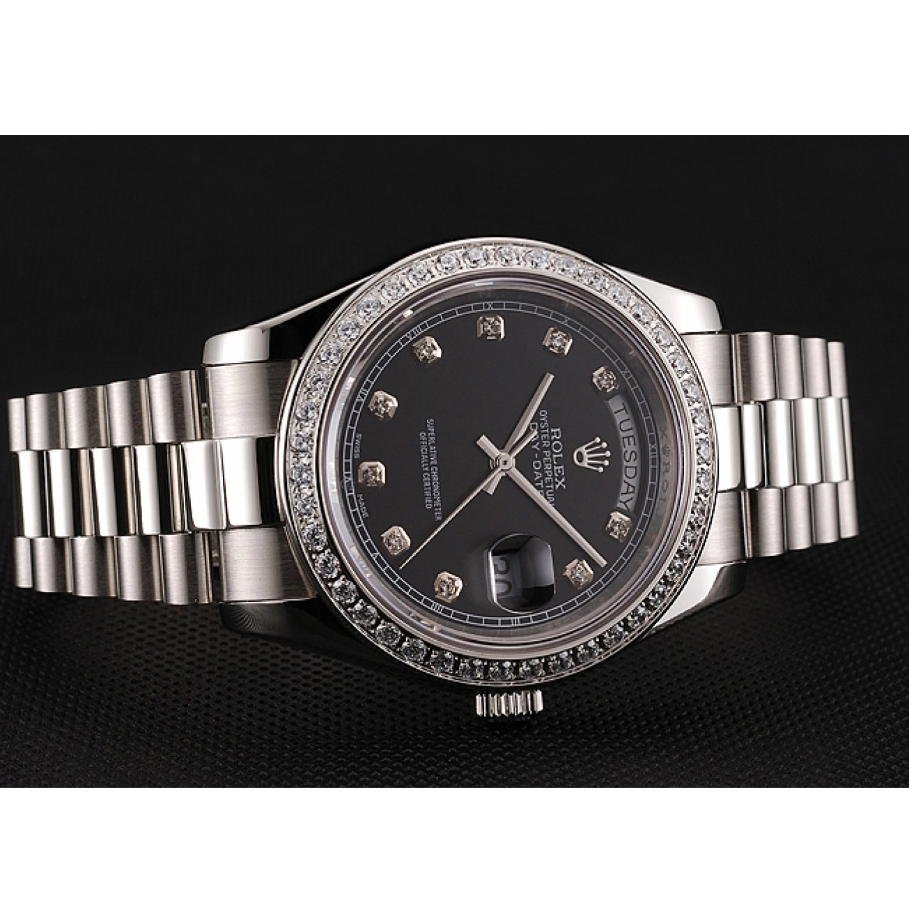 MiroTime 0818 Swiss Rolex Day-Date Black Dial Diamond Case Diamond Numerals Stainless Steel Bracelet 1453965